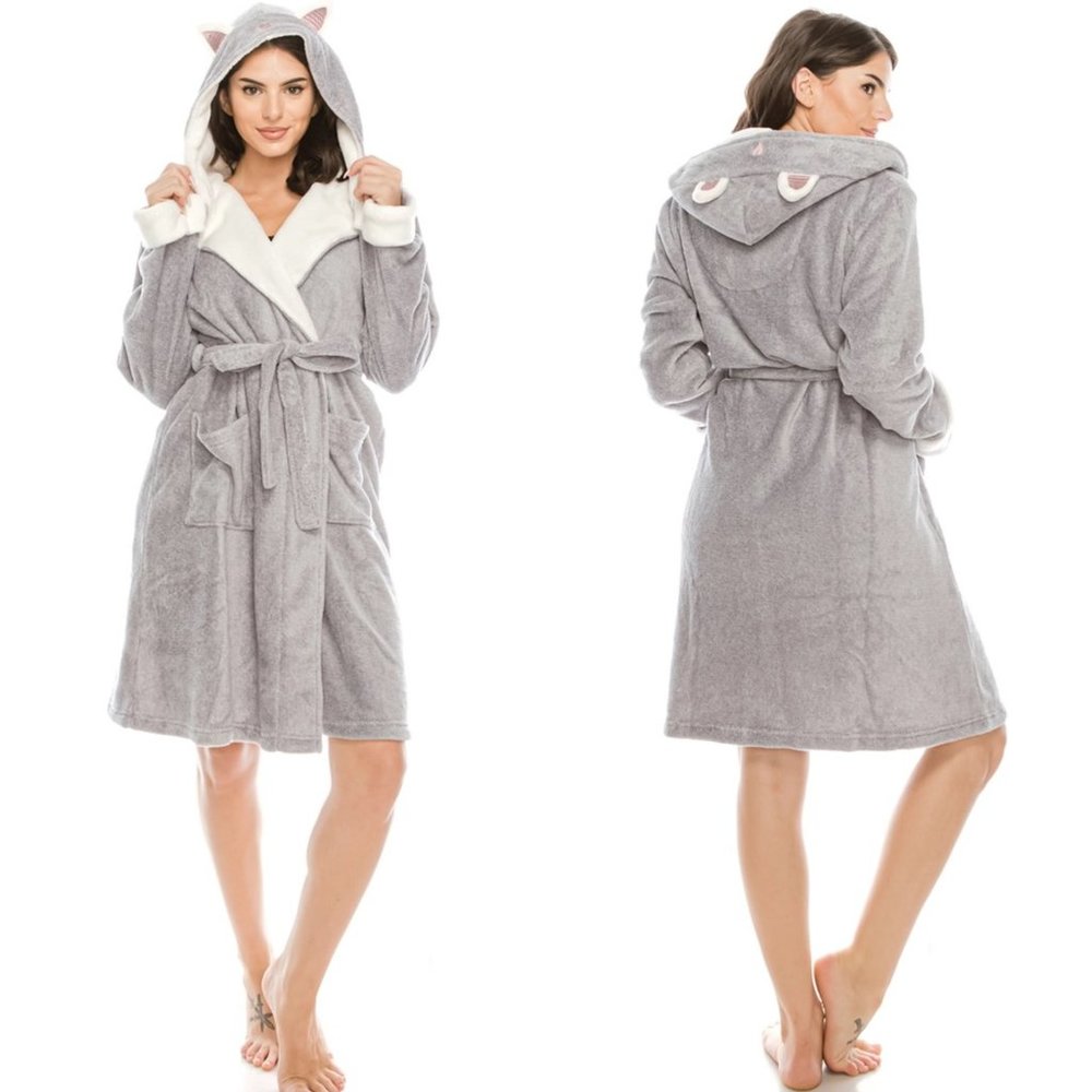 NWT Youmita Hooded Plush Robe with Cat's ears and nose on the hood S,M,L,XL